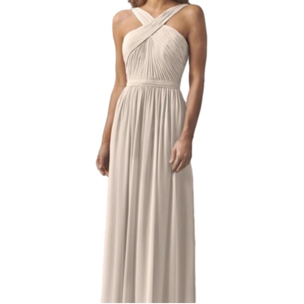NWT Watters & Watters Micah Cross-Front Halter Maxi Bridesmaid Dress taupe